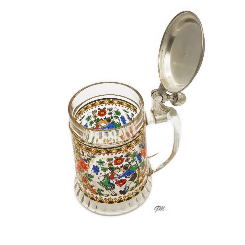 80er Glaskrug mit Henkel, Zinndeckel