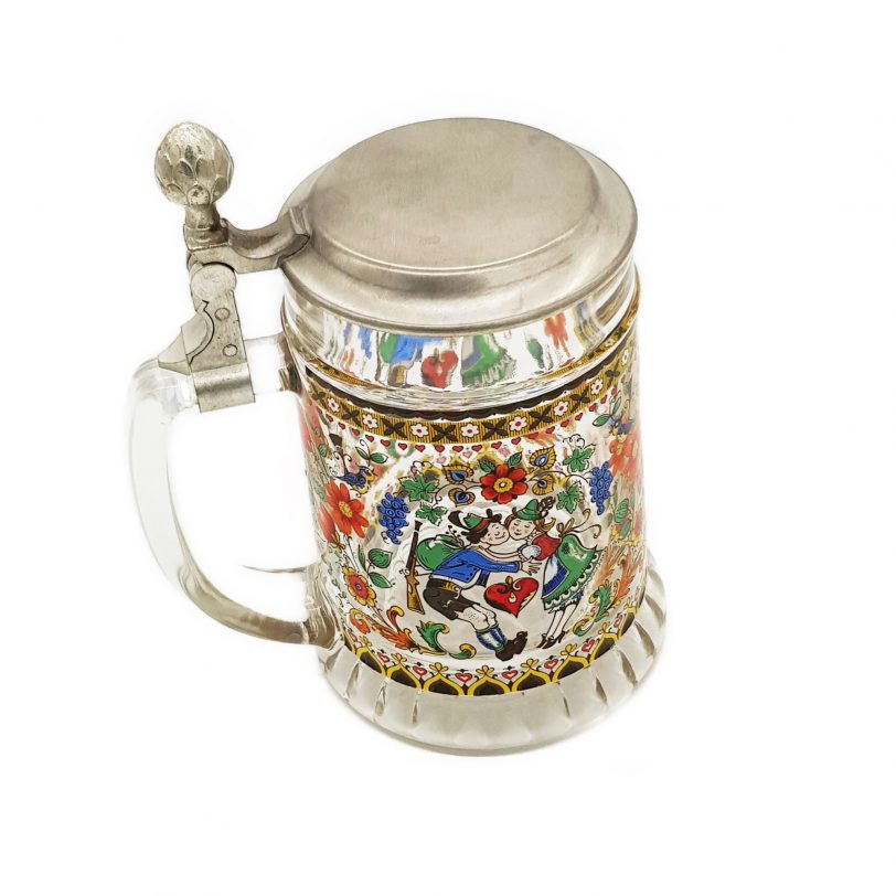 80er Glaskrug mit Henkel, Zinndeckel
